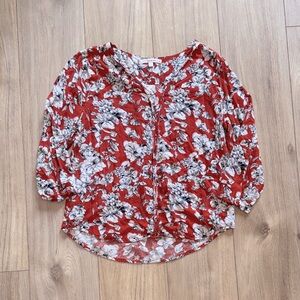 FUN 2 FUN Floral Print 3/4 Sleeve Business Casual V Neck Blouse